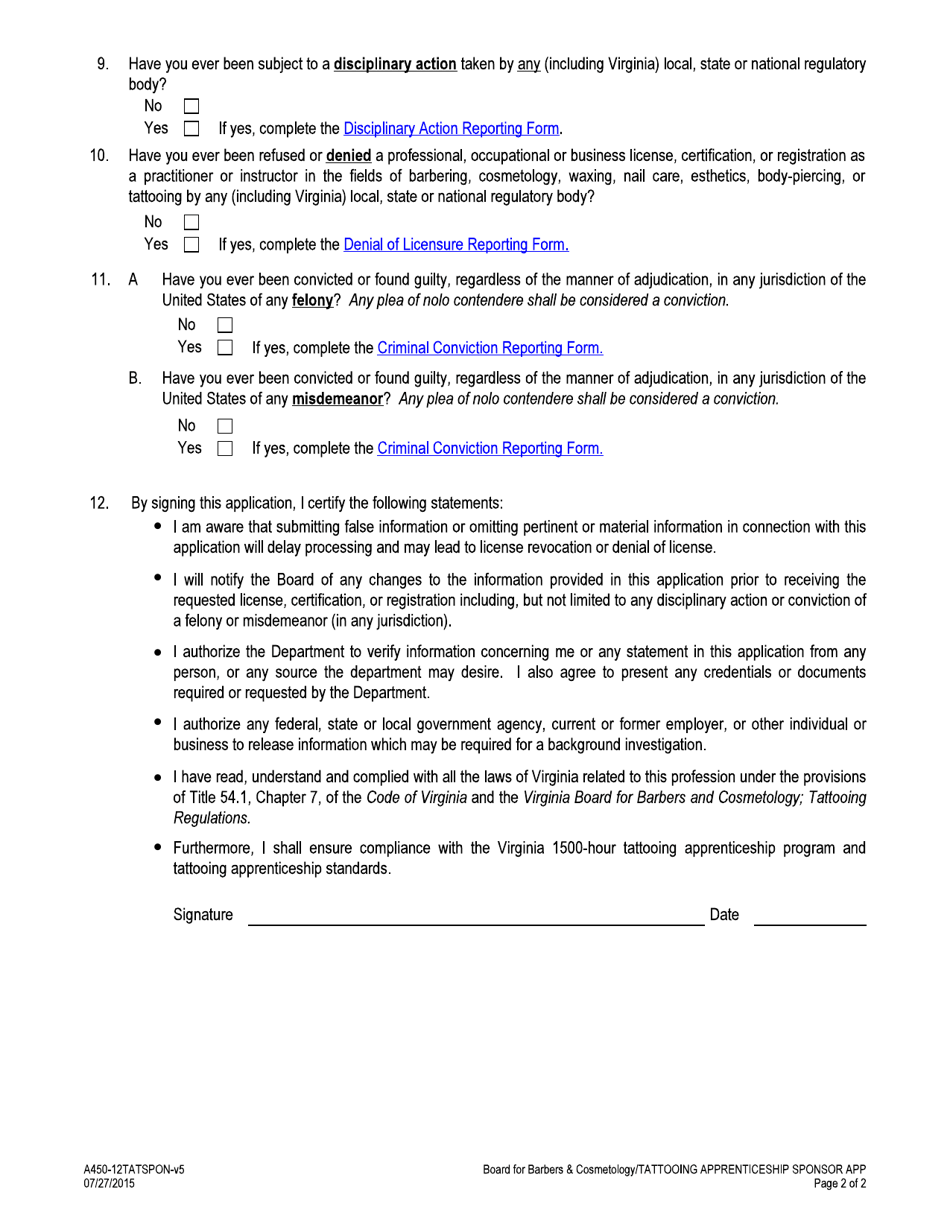Form A450-12TATSPON Tattooing Apprenticeship Sponsor Application - Virginia, Page 2
