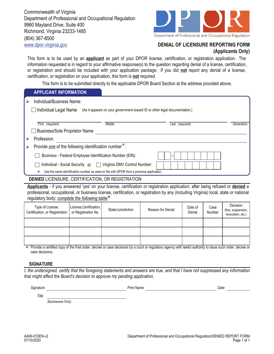 Form A406-01DEN Denial of Licensure Reporting Form - Virginia, Page 1