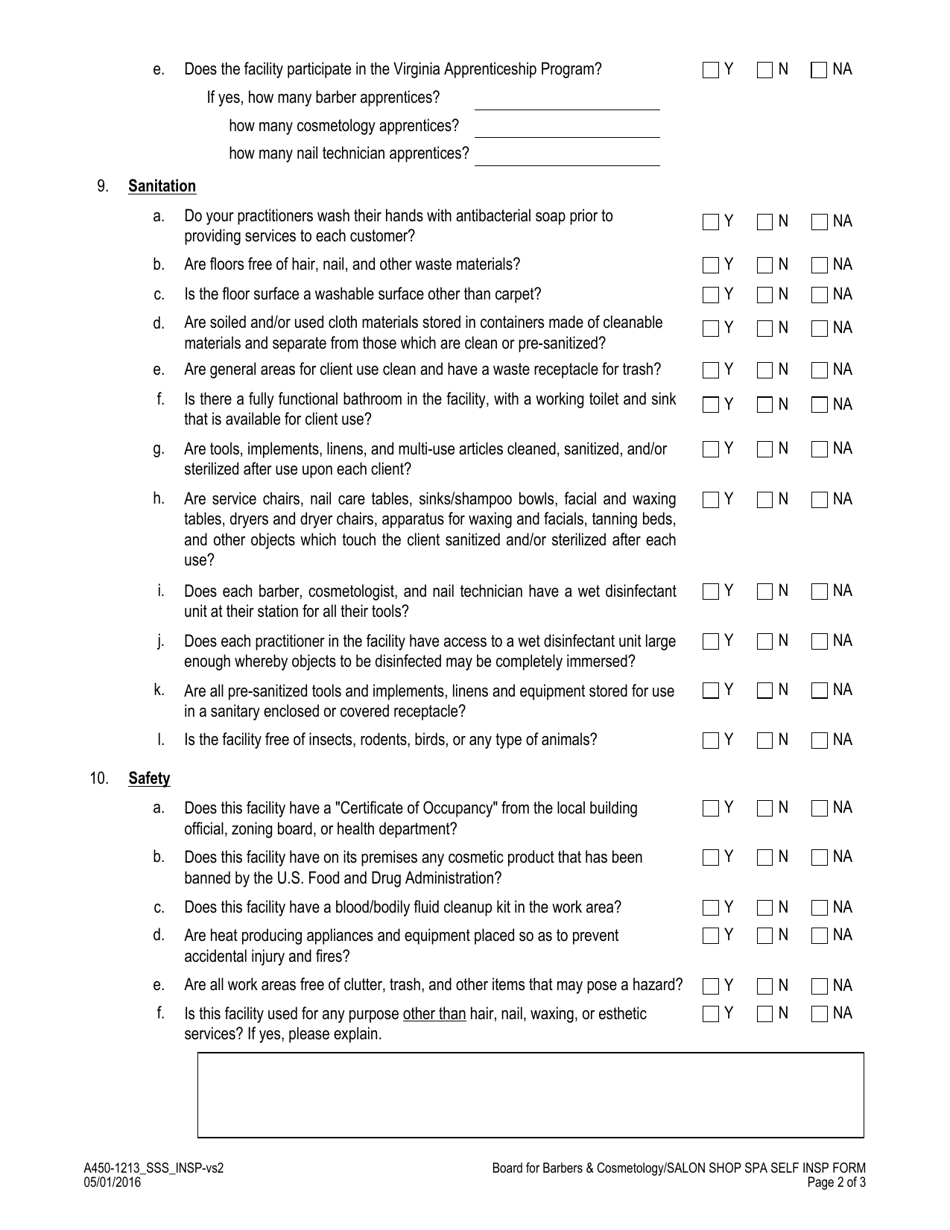 Form A450-1213_SSS_INSP Salon, Shop  SPA Self Inspection Form - Virginia, Page 3