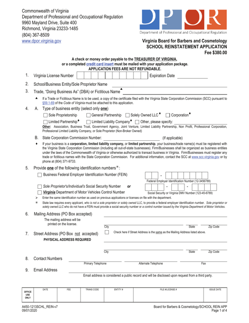 Form A450-1213SCHL_REIN School Reinstatement Application - Virginia