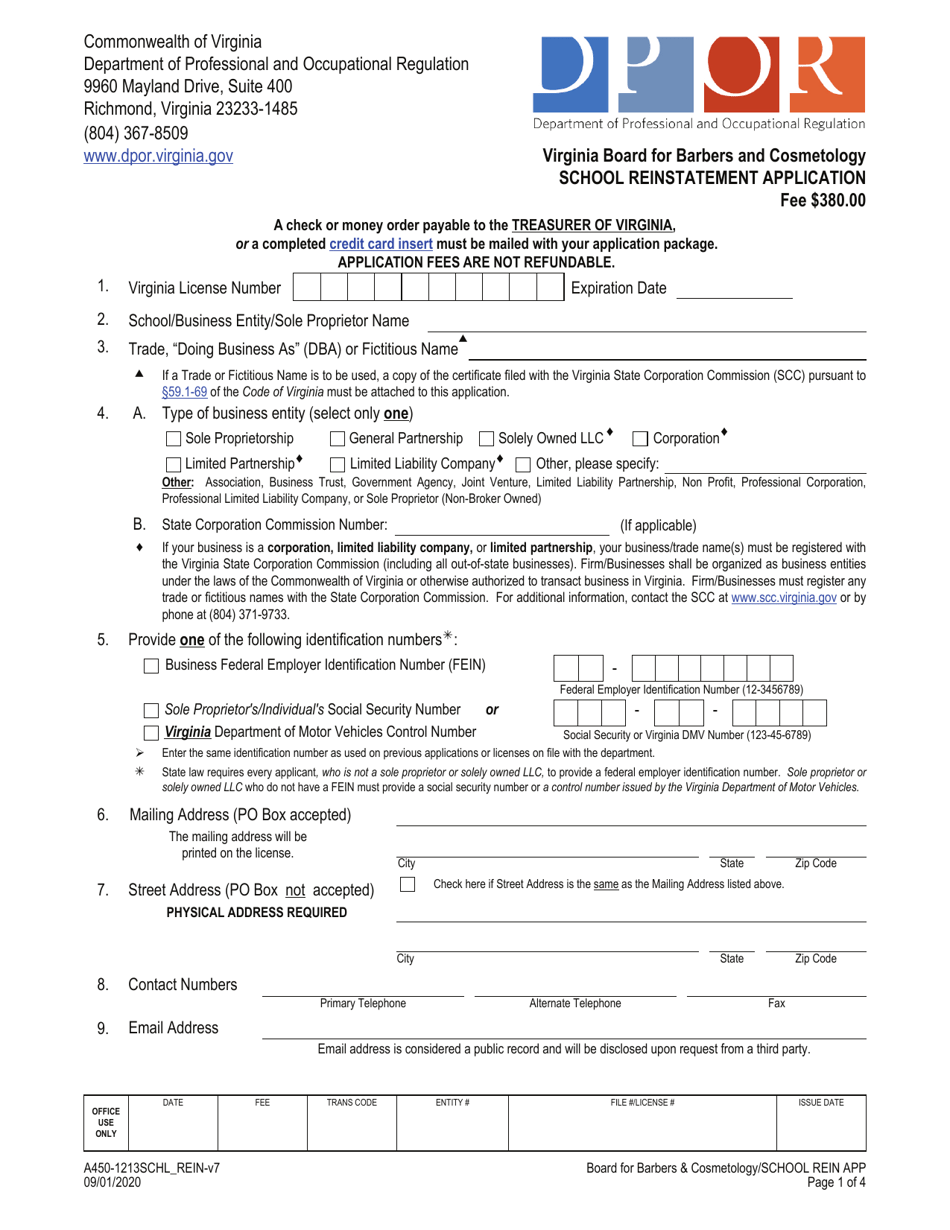 Form A450-1213SCHL_REIN School Reinstatement Application - Virginia, Page 1