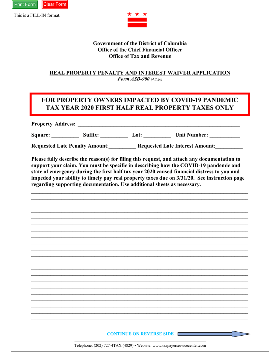 Form ASD-900 Real Property Penalty and Interest Waiver Application - Washington, D.C., Page 1