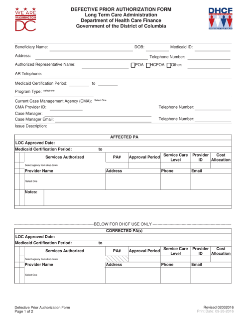 Defective Prior Authorization Form - Washington, D.C. Download Pdf