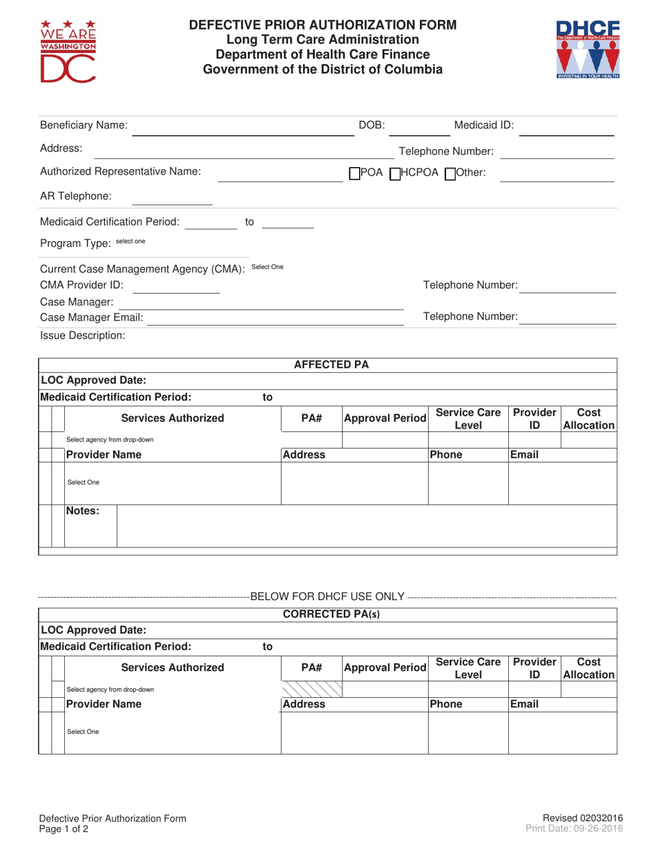 Defective Prior Authorization Form - Washington, D.C., Page 1