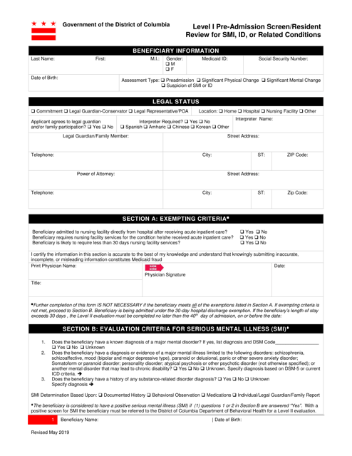 Level I Pre-admission Screen / Resident Review for Smi, Id, or Related Conditions - Washington, D.C. Download Pdf