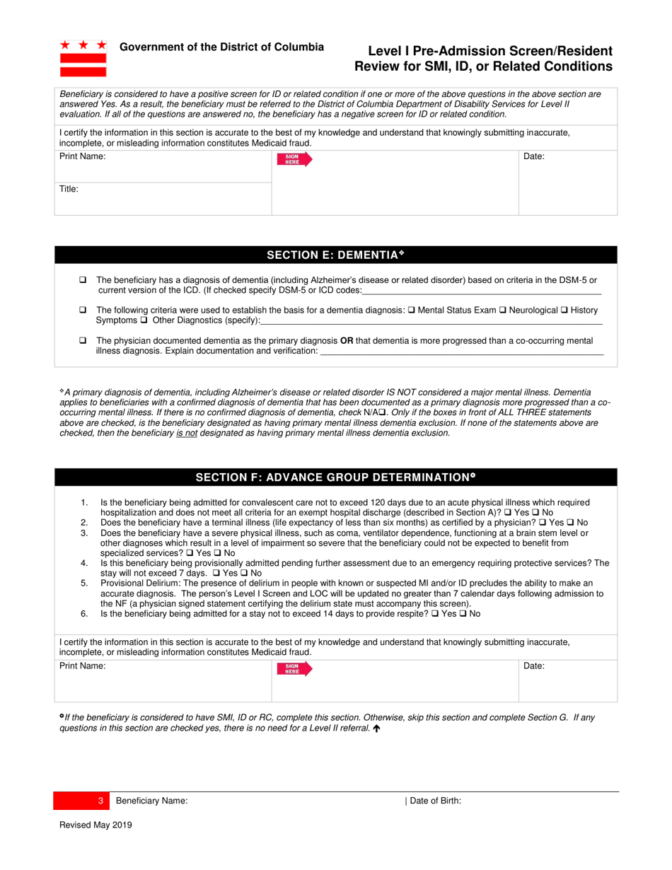 Level I Pre-admission Screen / Resident Review for Smi, Id, or Related Conditions - Washington, D.C., Page 3