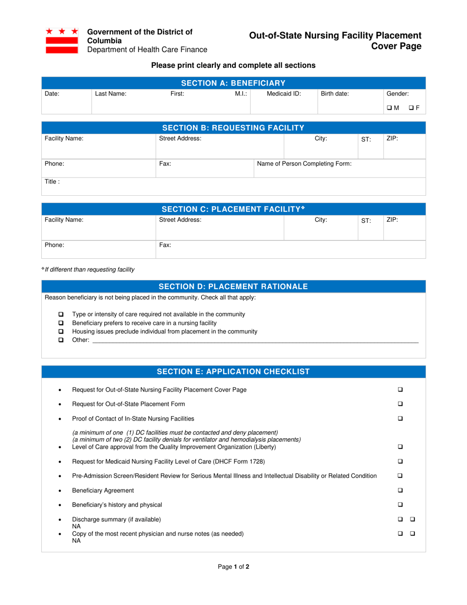 Out-of-State Nursing Facility Placement Cover Page - Washington, D.C., Page 1