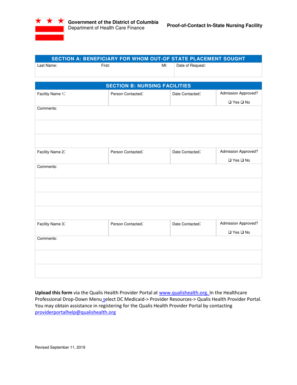 Washington D C Proof Of Contact in State Nursing Facility Fill Out