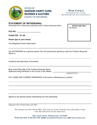 Document preview: Statement of Withdrawal From a Partnership Operating Under a Fictitious Business Name - County of San Mateo, California