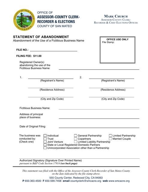 Statement of Abandonment of the Use of a Fictitious Business Name - County of San Mateo, California Download Pdf