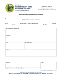 Form SS-14 &quot;Receipt of Returned Notary Journals&quot; - County of San Mateo, California