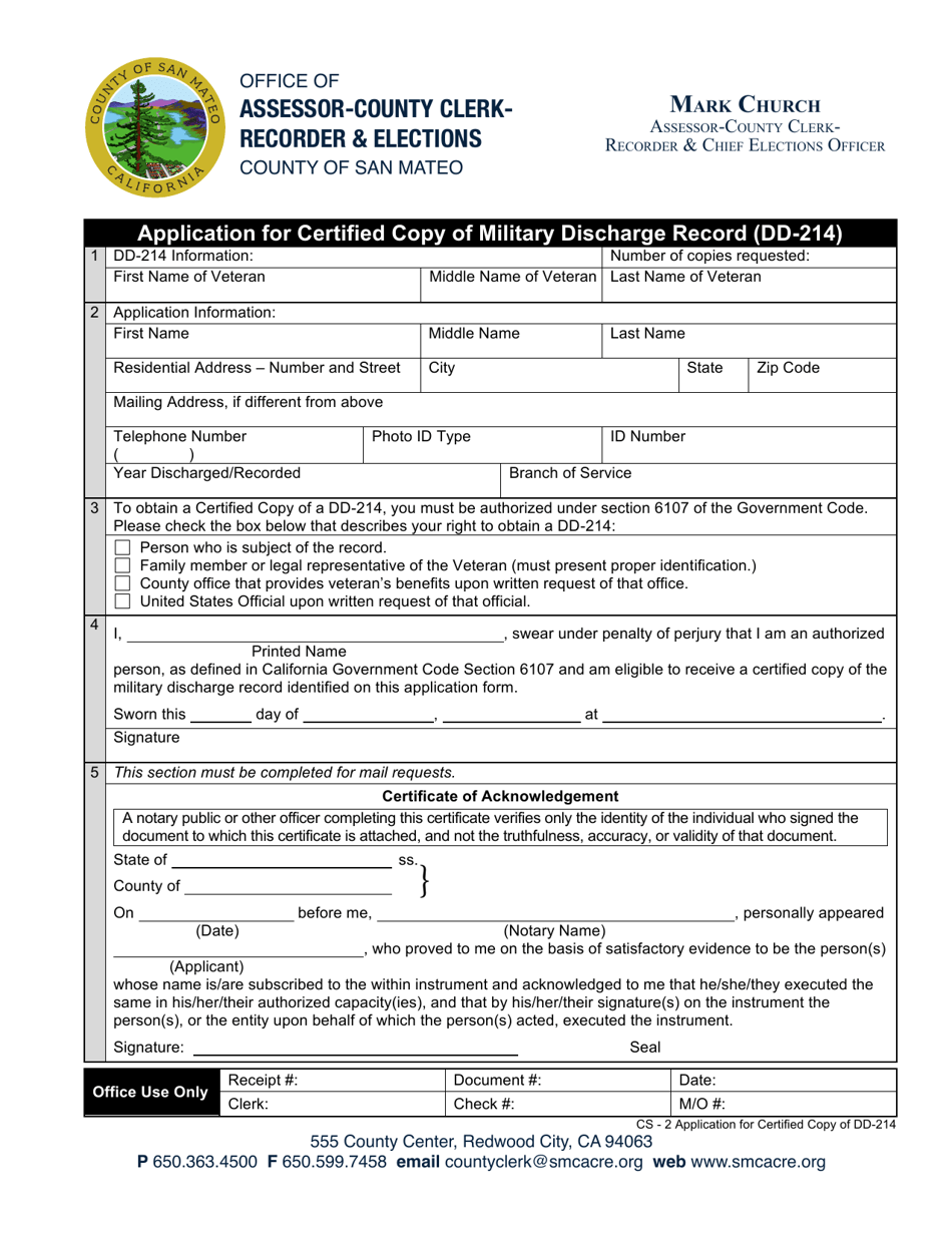 Form DD-214 Application for Certified Copy of Military Discharge Record - County of San Mateo, California, Page 1