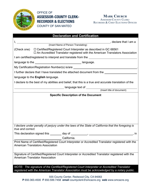 Court Interpreter Declaration and Certification - County of San Mateo, California Download Pdf