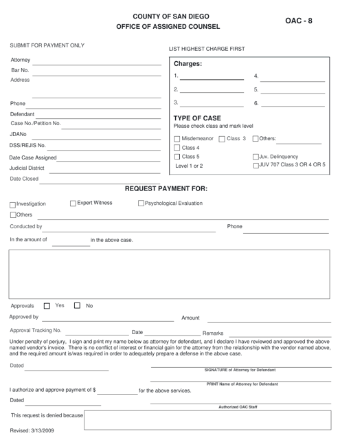 Form OAC-8 Ancillary Services Billing Form - County of San Diego, California