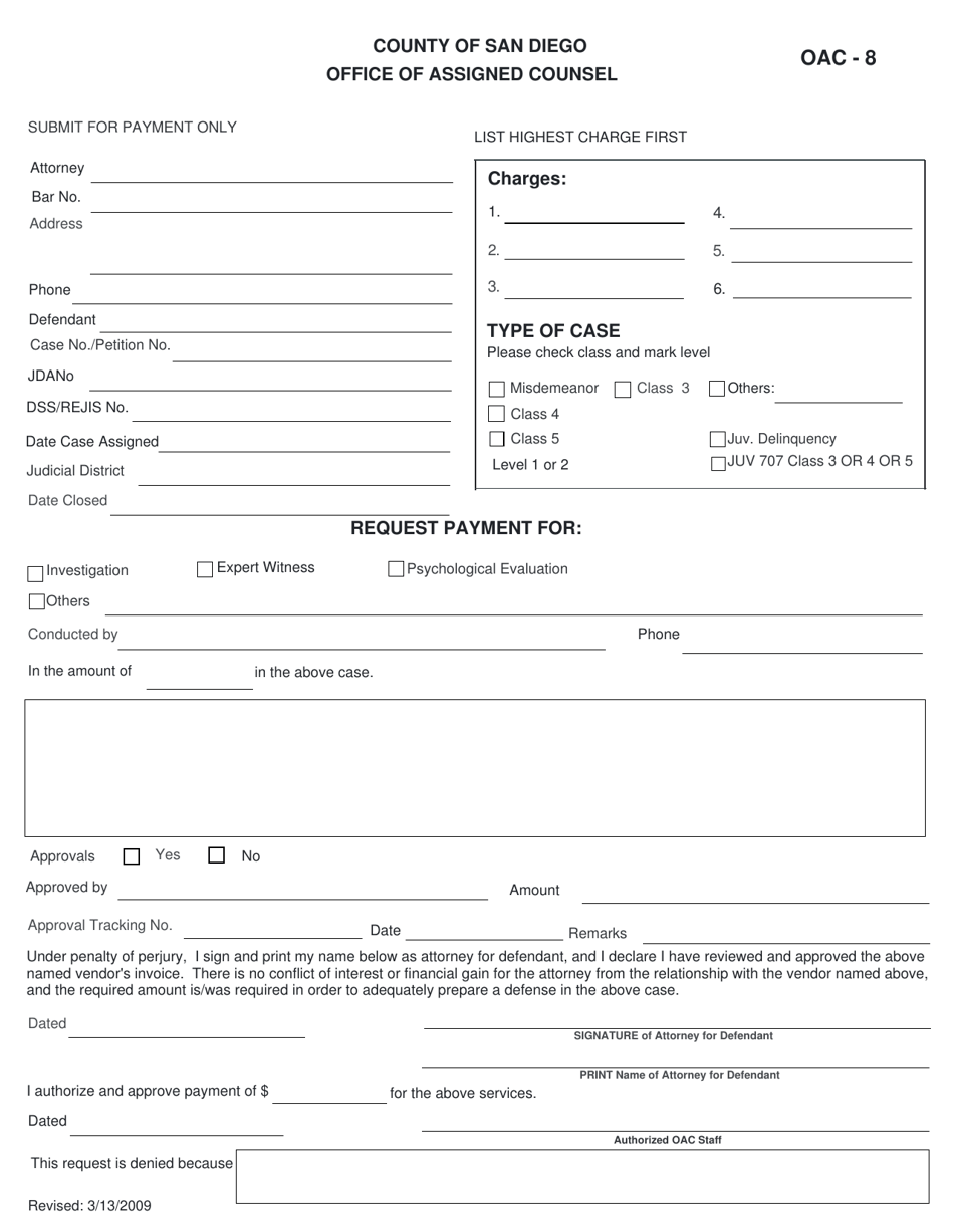 Form OAC-8 Ancillary Services Billing Form - County of San Diego, California, Page 1