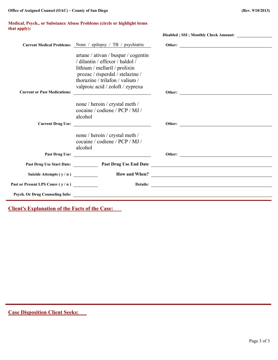 Initial Oac Basic Client Interview Form - County of San Diego, California, Page 3