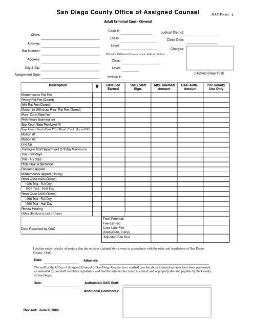OAC Form 1 Attorney Billing Form - Adult Criminal Case - General - County of San Diego, California