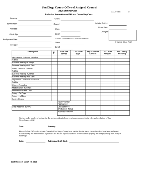 OAC Form 2 Attorney Billing Form - Adult Criminal Case (Probation Revocation and Witness Counseling Cases) - County of San Diego, California