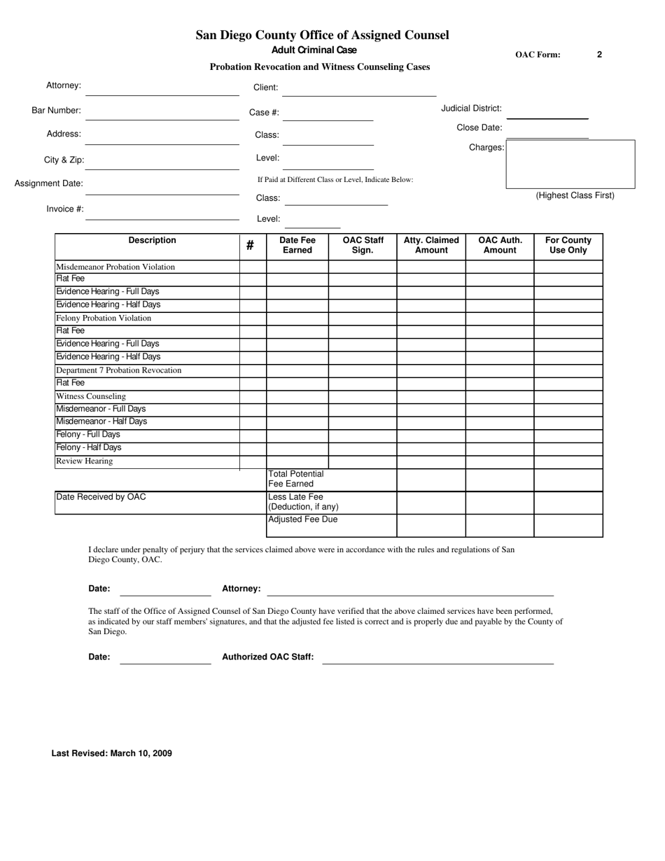 OAC Form 2 Attorney Billing Form - Adult Criminal Case (Probation Revocation and Witness Counseling Cases) - County of San Diego, California, Page 1