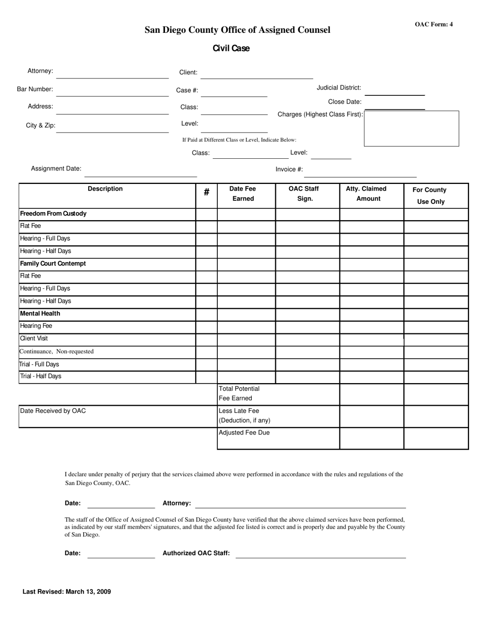 OAC Form 4 Attorney Billing Form - Civil Case - County of San Diego, California, Page 1