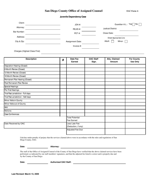 OAC Form 6 Attorney Billing Form - Juvenile Dependency Case - County of San Diego, California