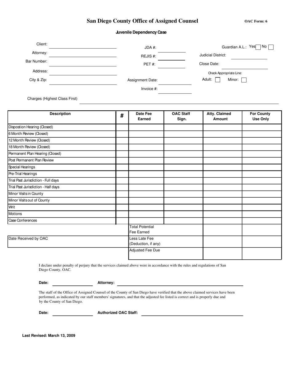 OAC Form 6 Attorney Billing Form - Juvenile Dependency Case - County of San Diego, California, Page 1