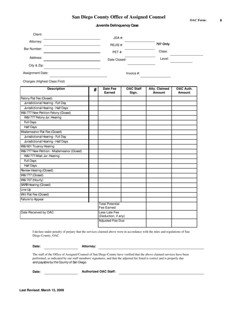 OAC Form 8 Attorney Billing Form - Juvenile Delinquency Case - County of San Diego, California