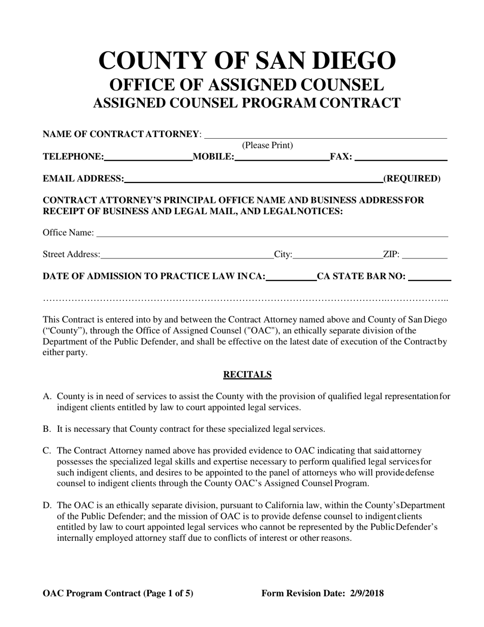 Assigned Counsel Program Contract - County Of San Diego, California, Page 1