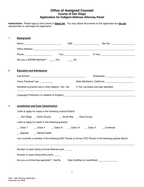 Application for Indigent Defense Attorney Panel - County of San Diego, California