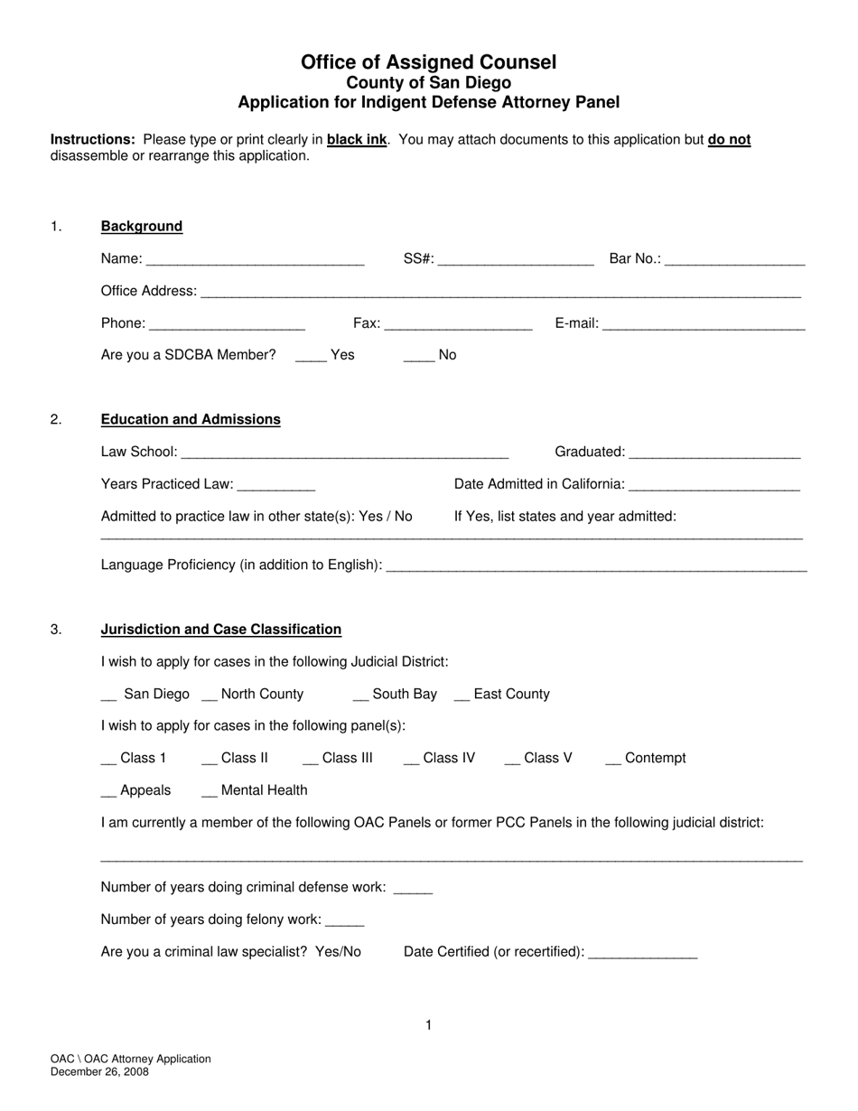 Application for Indigent Defense Attorney Panel - County of San Diego, California, Page 1