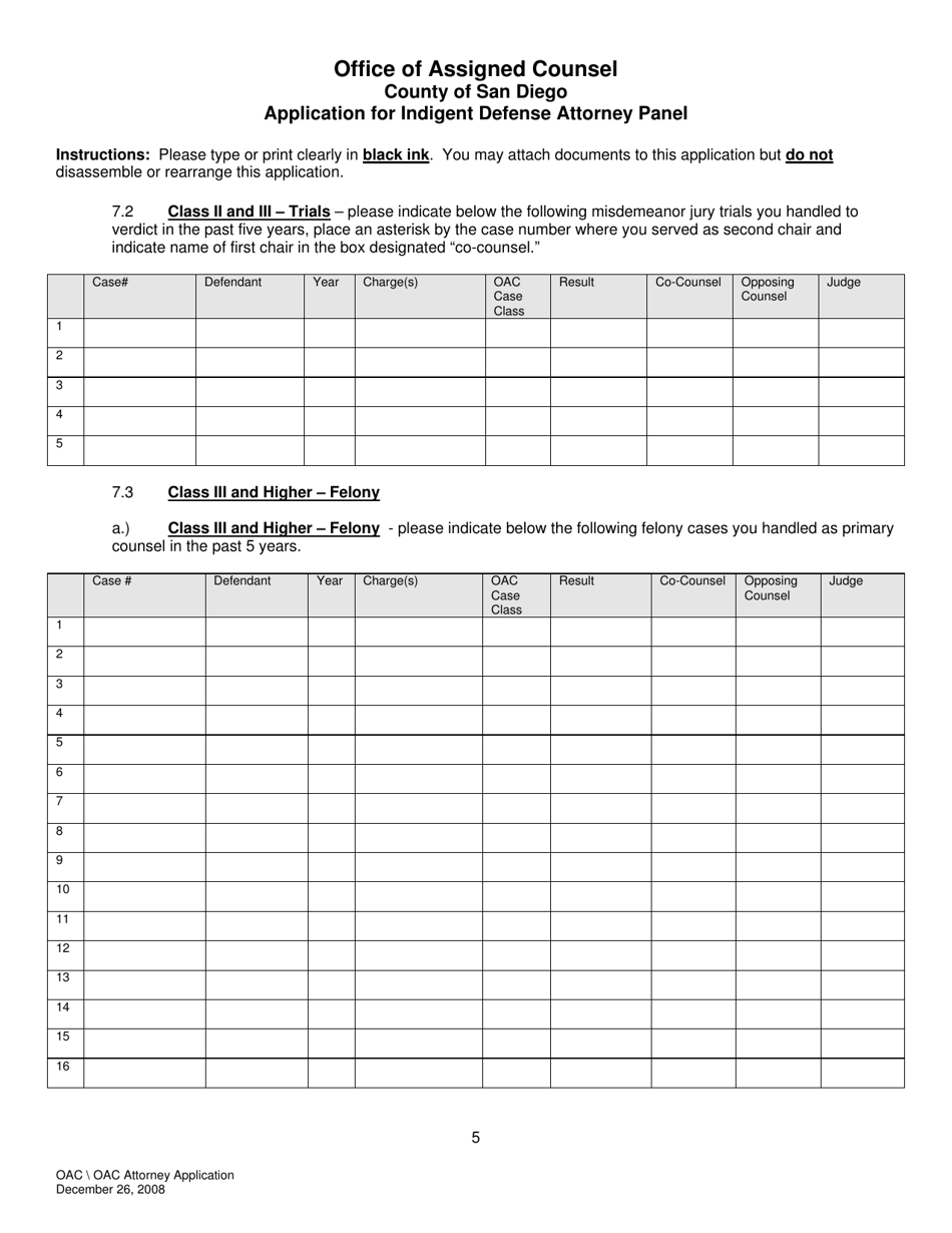Application for Indigent Defense Attorney Panel - County of San Diego, California, Page 5
