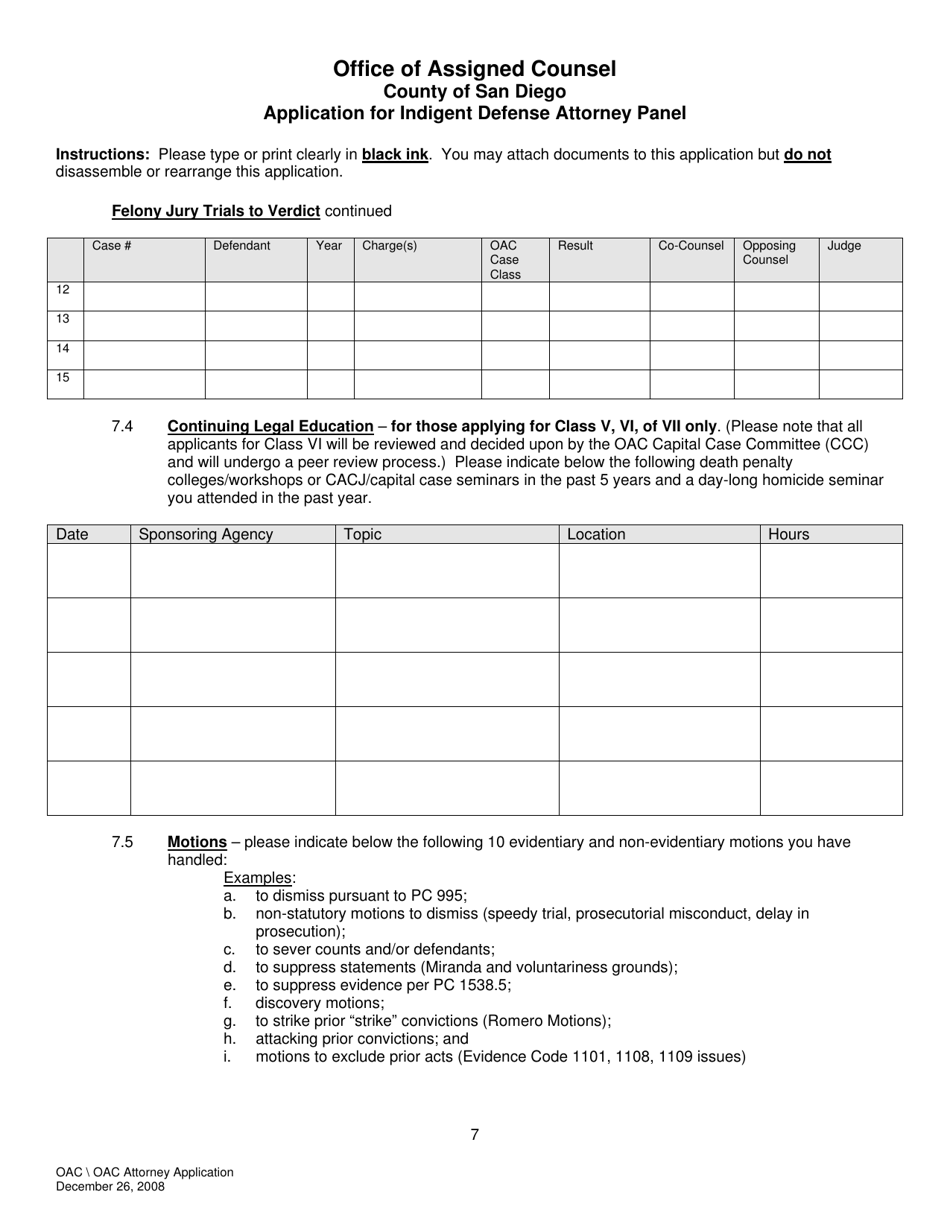 Application for Indigent Defense Attorney Panel - County of San Diego, California, Page 7