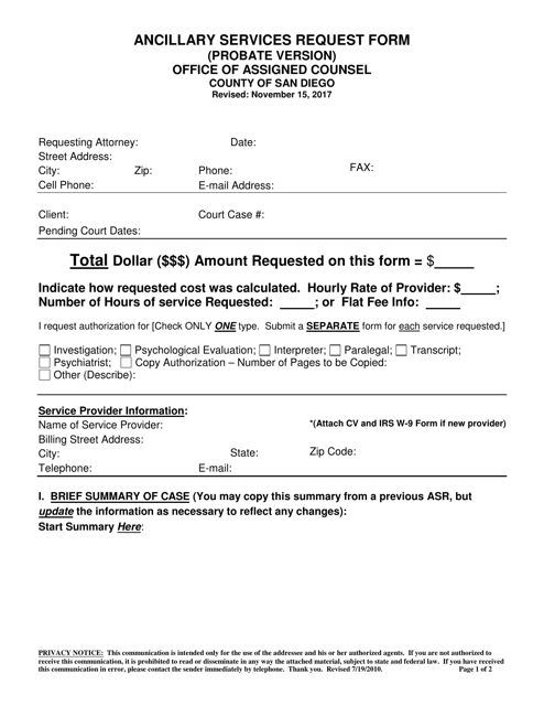 Ancillary Services Request Form (Probate Version) - County of San Diego, California Download Pdf