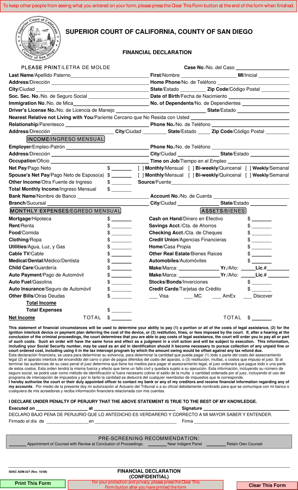 Form ADM-227 Financial Declaration - County of San Diego, California (English / Spanish), Page 1