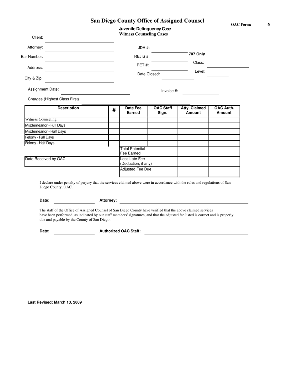 OAC Form 9 Attorney Billing Form - Juvenile Delinquency Witness Counseling Cases - County of San Diego, California, Page 1