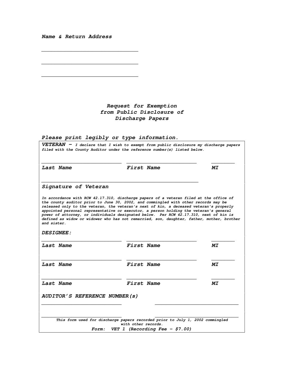 Form VET1 Request for Exemption From Public Disclosure of Discharge Papers - Washington, Page 1