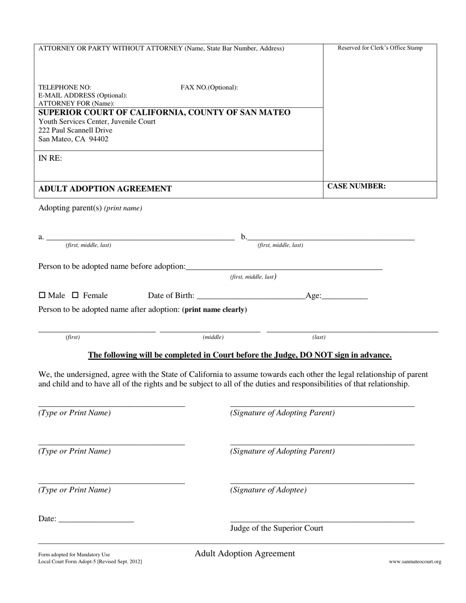 Form ADOPT-5 Adult Adoption Agreement - County of San Mateo, California, Page 1