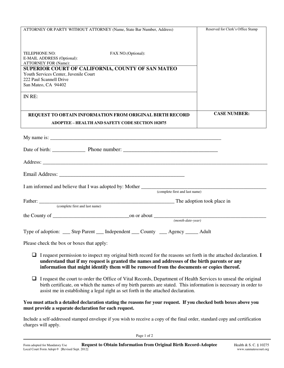 Form Adopt 9 Fill Out Sign Online And Download Printable Pdf County Of San Mateo California 5401