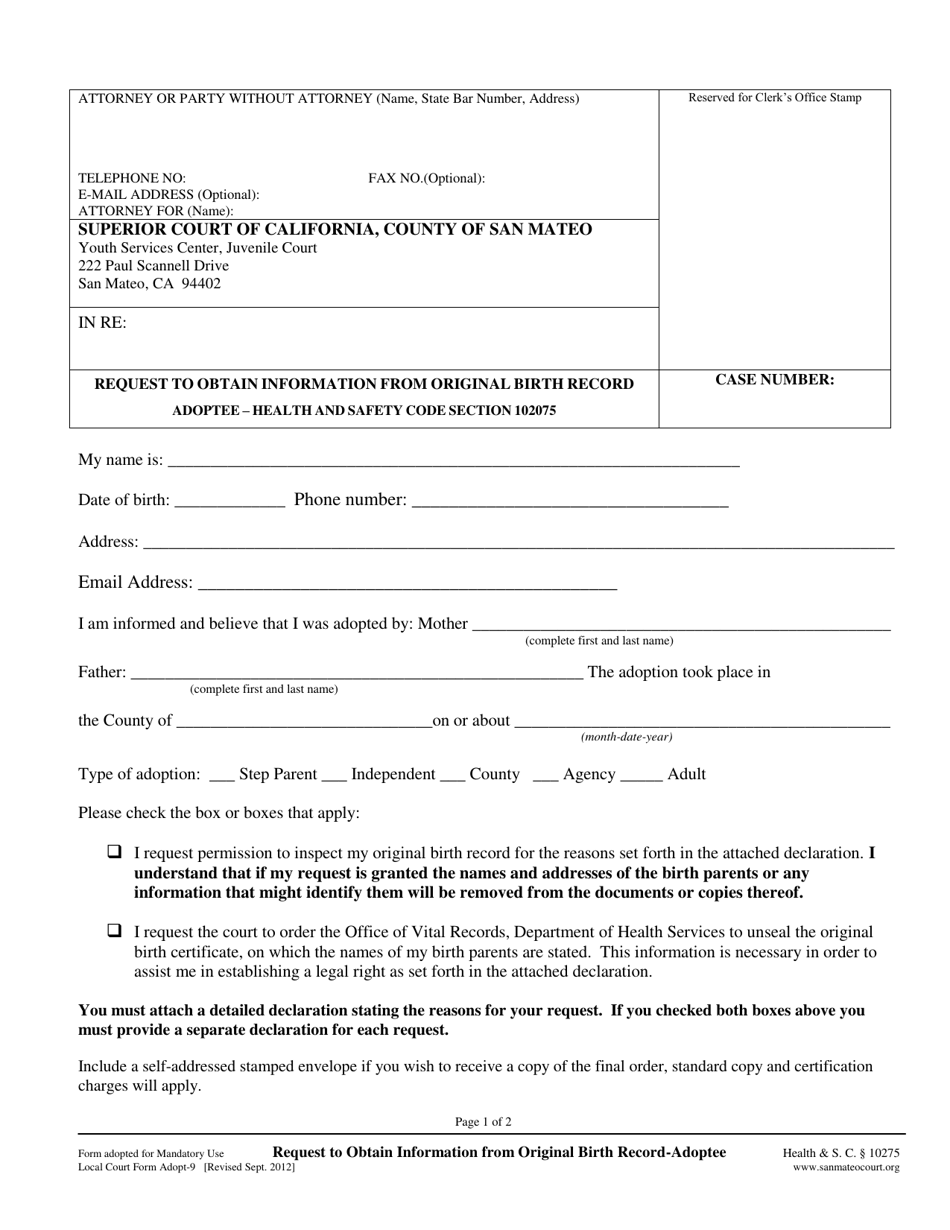 Form ADOPT-9 Request to Obtain Information From Original Birth Record - Adoptee - County of San Mateo, California, Page 1