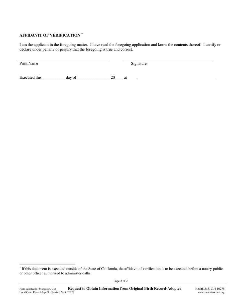 Form ADOPT-9 Request to Obtain Information From Original Birth Record - Adoptee - County of San Mateo, California, Page 2