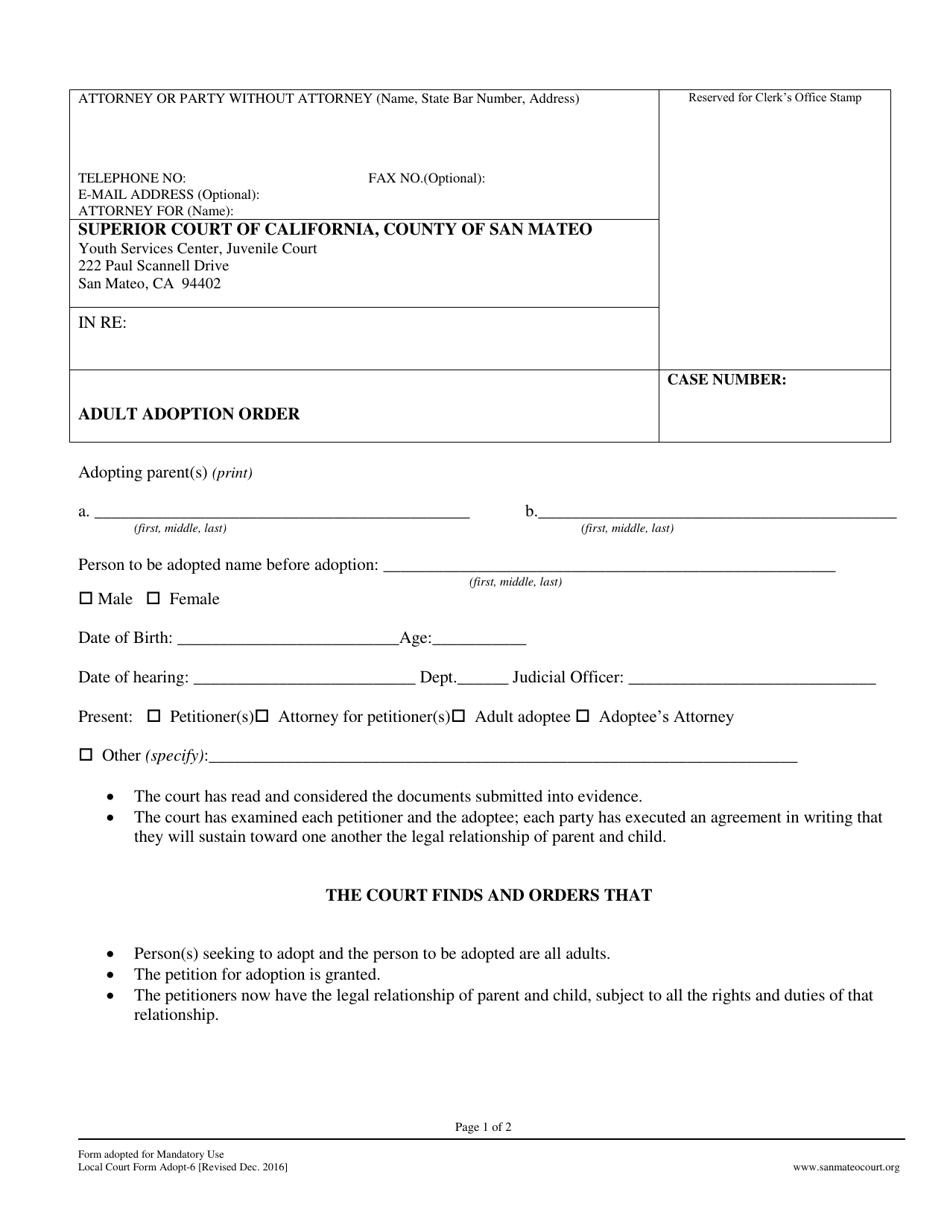 Form ADOPT-6 Adult Adoption Order - County of San Mateo, California, Page 1