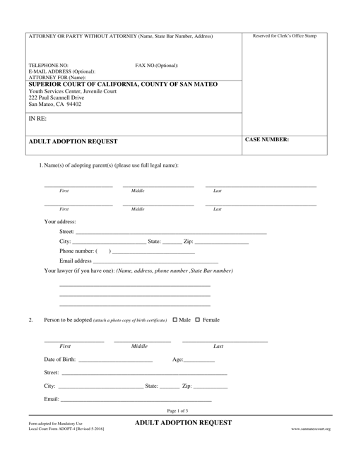 Form ADOPT-4 Adult Adoption Request - County of San Mateo, California