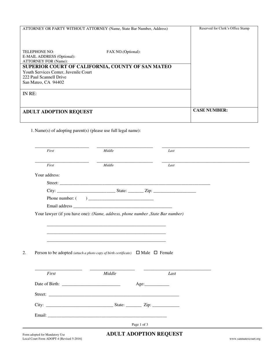 Form ADOPT-4 Adult Adoption Request - County of San Mateo, California, Page 1