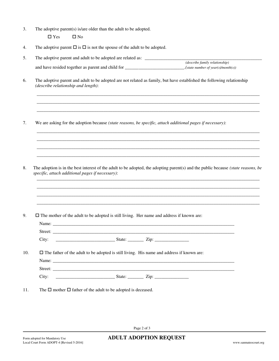 Form ADOPT-4 Adult Adoption Request - County of San Mateo, California, Page 2
