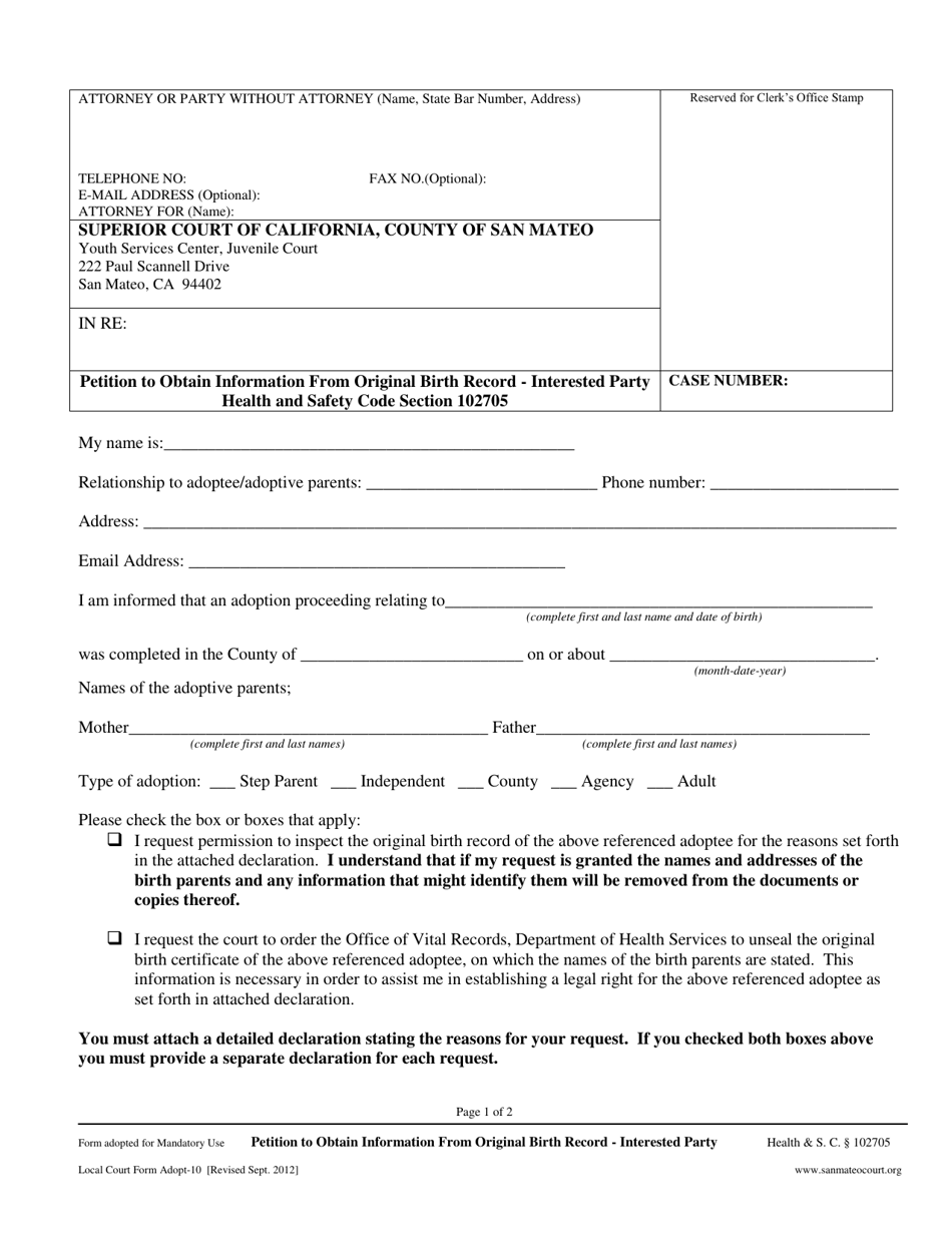 Form ADOPT-10 Petition to Obtain Information From Original Birth Record - Interested Party - County of San Mateo, California, Page 1