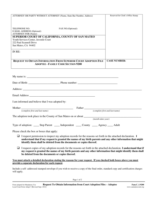 Form ADOPT-7 Request to Obtain Information From Superior Court Adoption File - Adoptee - County of San Mateo, California