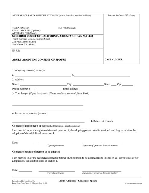 Form ADOPT-11 Adult Adoption - Consent of Spouse - County of San Mateo, California