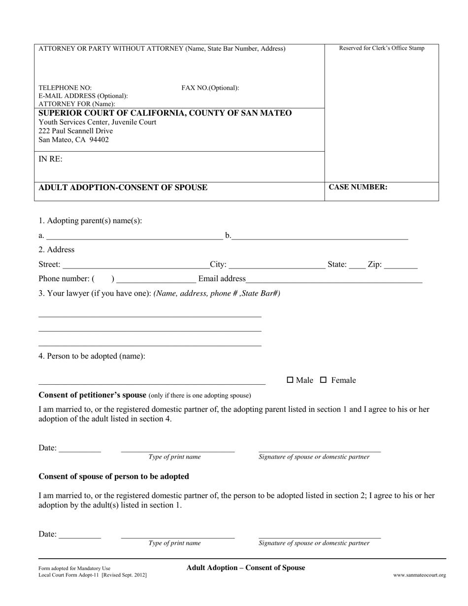 Form ADOPT-11 Adult Adoption - Consent of Spouse - County of San Mateo, California, Page 1