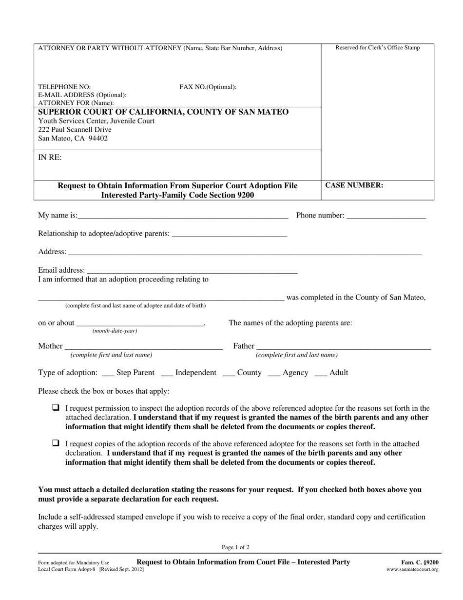 Form ADOPT-8 Petition to Obtain Information From Superior Court Adoption File-Interested Party - County of San Mateo, California, Page 1