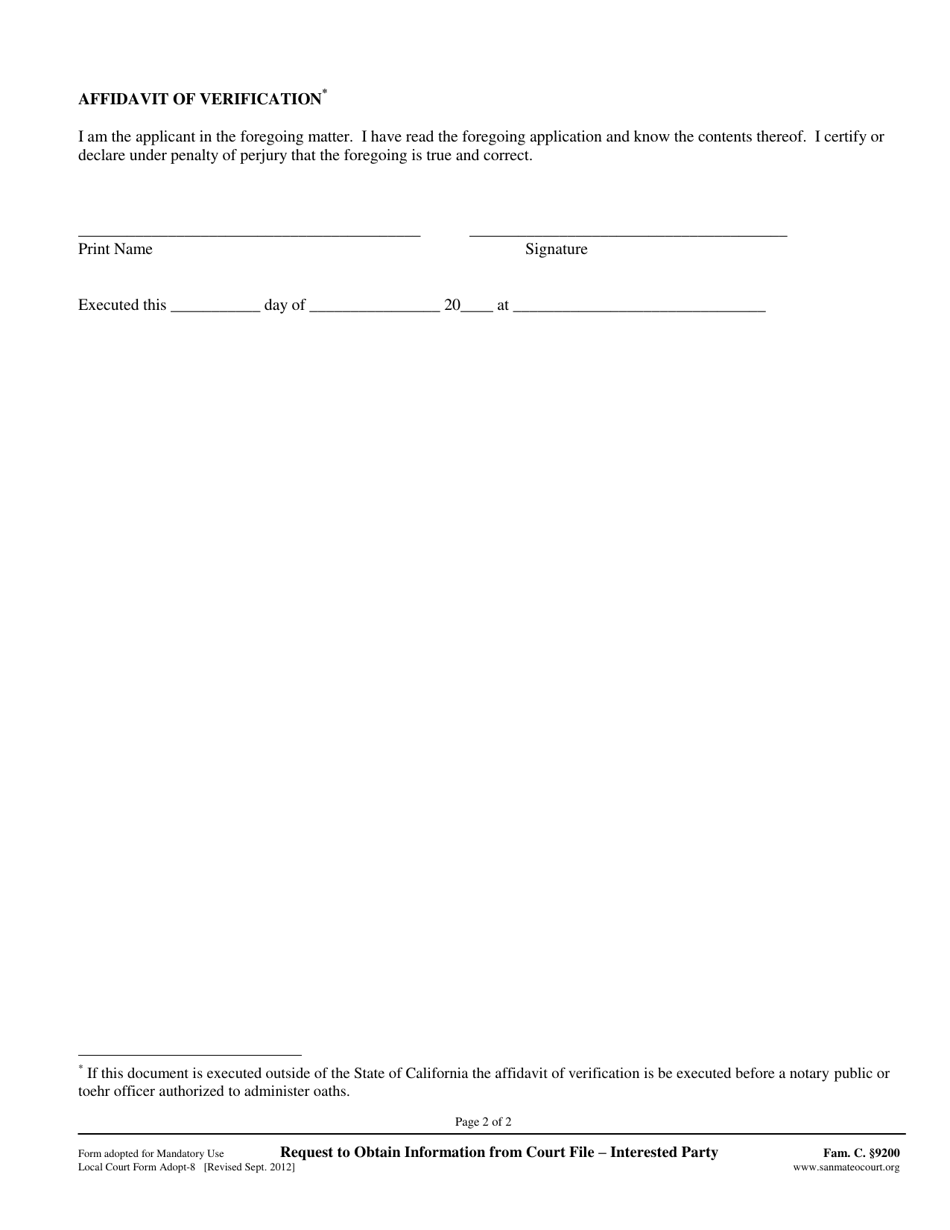 Form ADOPT-8 Petition to Obtain Information From Superior Court Adoption File-Interested Party - County of San Mateo, California, Page 2